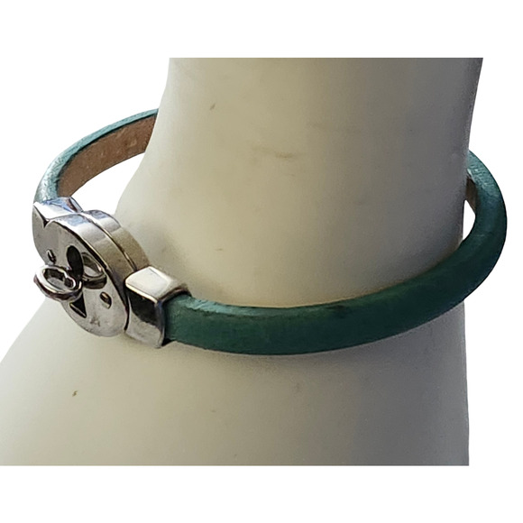 Vtg Fossil Iconic Green Leather Kiss Lock Bracelet - Picture 3 of 7